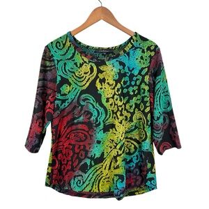 CALESSA Shirt Textured 3/4 Sleeve Tie Dye Burnout Artsy Top